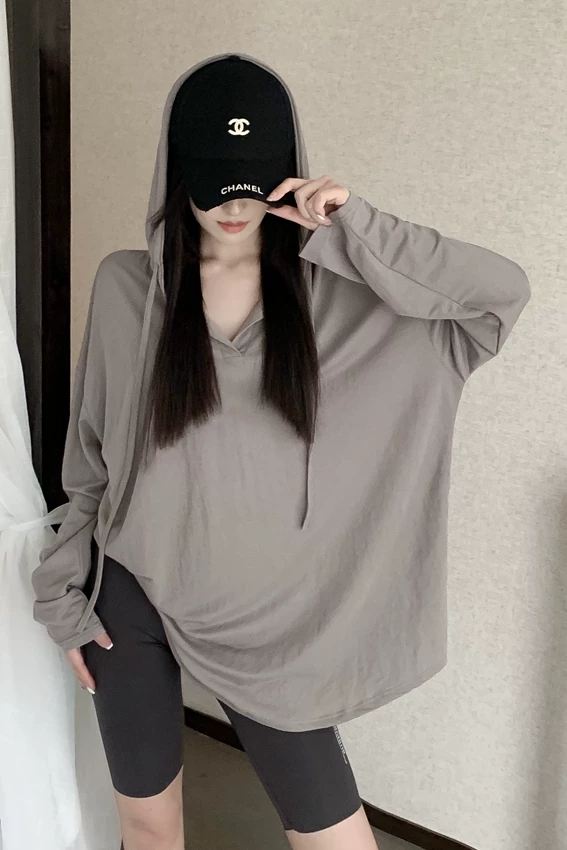 Летняя тонкая футболка с длинным рукавом для беременных с капюшоном, oversize, V-образный вырез, солнцезащита