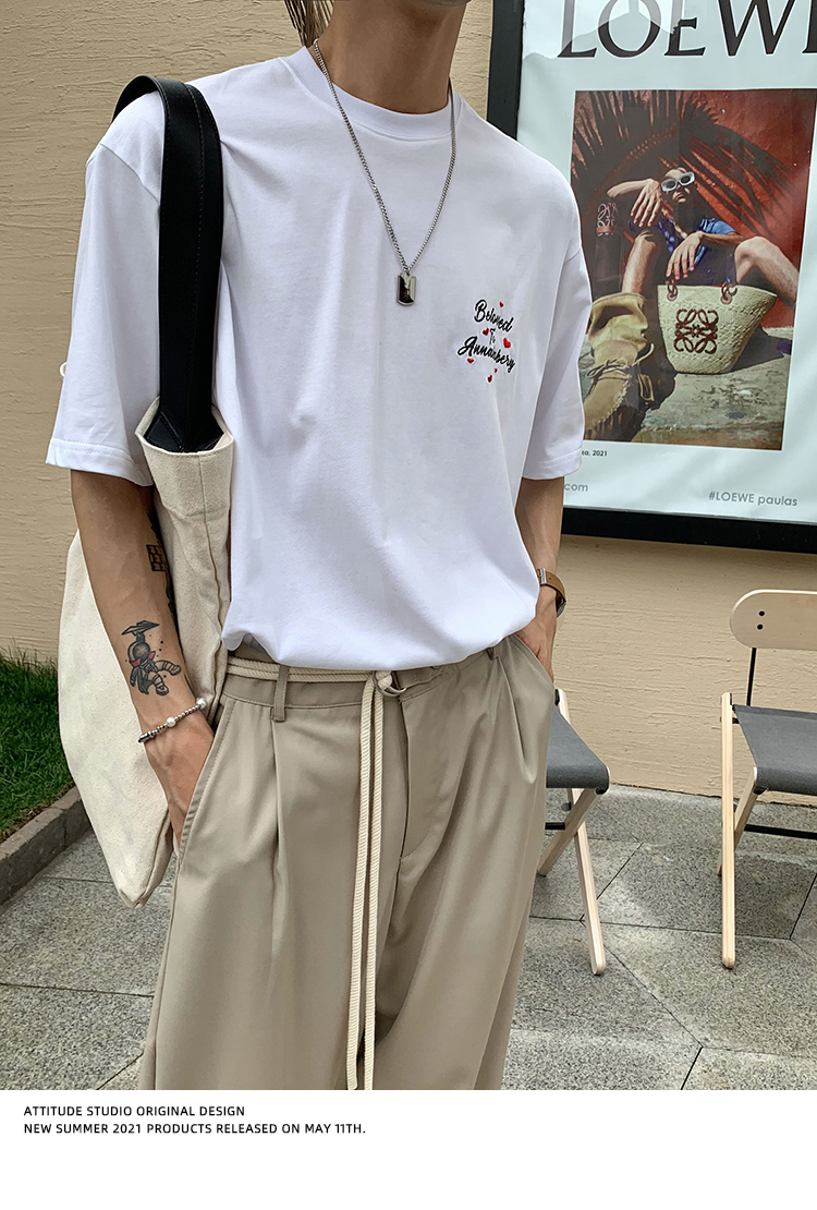 Whiteattitude 2021 Korean trend Internet celebrity summer colour love letter Embroidery Crew neck Short sleeve T-shirt male INS tide