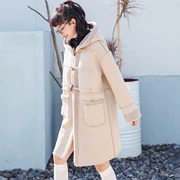 Mùa đông mới 2018 cô gái ngọt ngào Hàn Quốc đã được khóa sừng mỏng trùm đầu áo khoác len lông dài