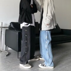 ins高街fog風排扣直筒闊腿褲寬鬆側邊紐扣潮牌水洗牛仔長褲男女