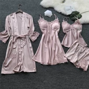 Bộ đồ ngủ nữ mùa hè bốn mảnh phù hợp với lụa gợi cảm dây đeo váy ngủ với áo ngực pad dịch vụ nhà - Bộ Pajama