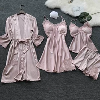 Bộ đồ ngủ nữ mùa hè bốn mảnh phù hợp với lụa gợi cảm dây đeo váy ngủ với áo ngực pad dịch vụ nhà - Bộ Pajama những kiểu đồ bộ đẹp