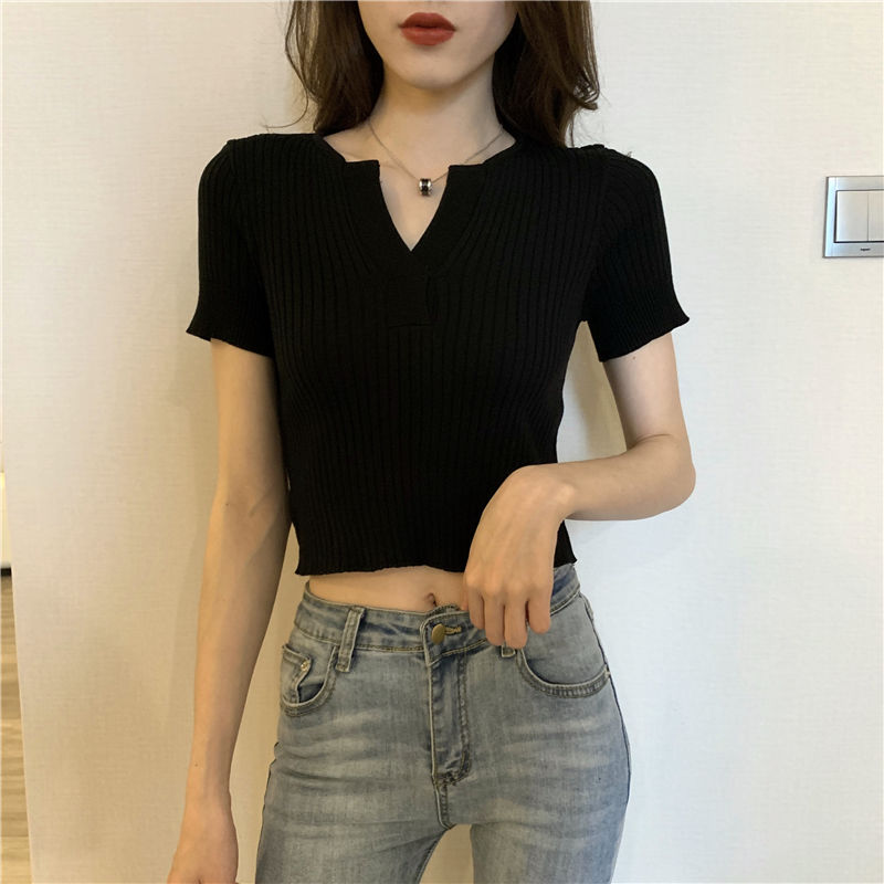 冰丝针织衫2020夏季新款性感韩版高腰短款少女感T恤紧身上衣体恤