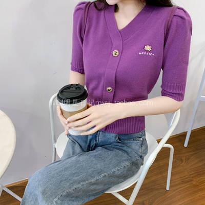 ins超火的紫色小雏菊针织衫开衫外套短款修身显瘦女上衣薄款夏季