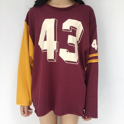 8778#实拍新款宽松大版拼色袖43数字杠条卫衣 印花拼接长袖体