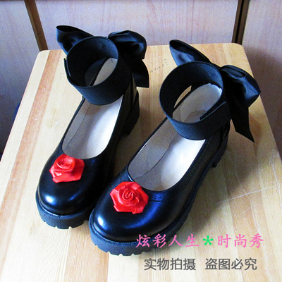 taobao agent Rose girl の c c cosplay shoe butterfly knot flower round head shoes large code shoe COS shoes