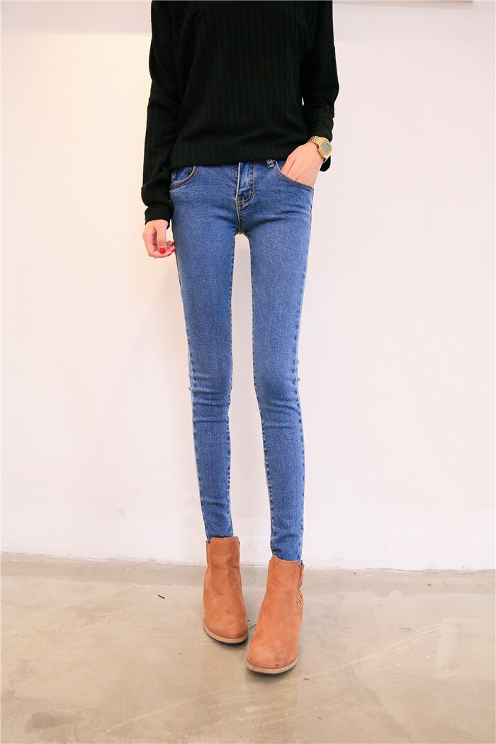 2015新款 简单高腰显瘦牛仔铅笔裤小脚裤女长裤