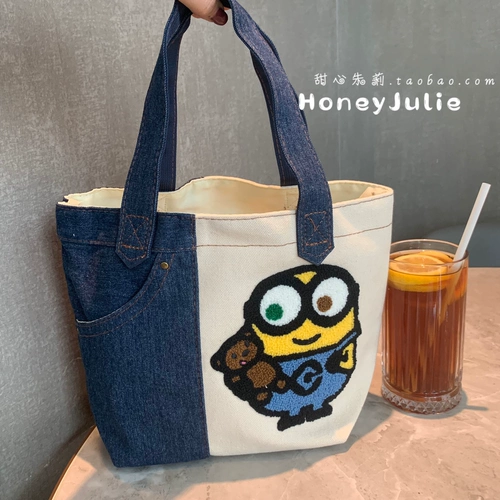 Японский мультяшный милый джинсовый шоппер, вместительная и большая сумка, сумка-органайзер, с вышивкой, сумка для еды