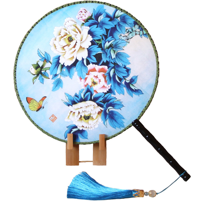 双面团扇演出宫扇长柄圆形女式扇子古典宫廷舞蹈扇古风旗袍走秀扇