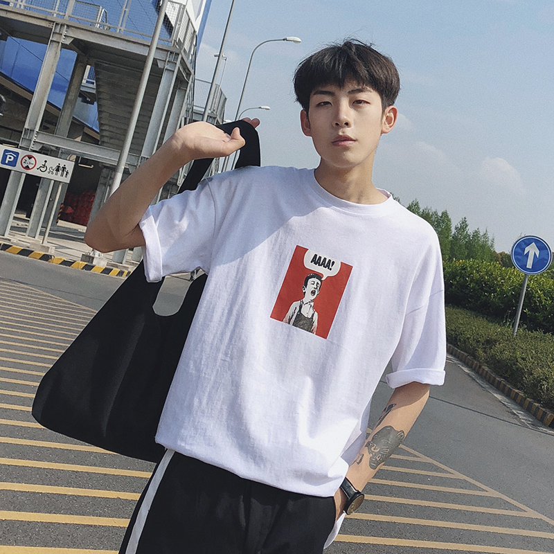 Summer Les handsome t Korean solid color simple small fresh short sleeve T-shirt trend printing youth half sleeve men's tee