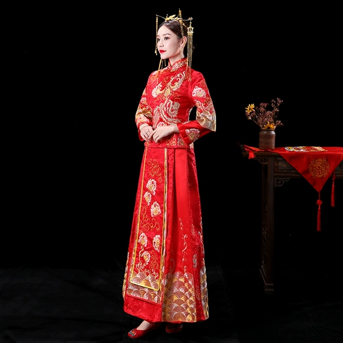Традиционный свадебный наряд Сюхэ, свадебное платье, коллекция 2023, городской стиль, яркий броский стиль, по фигуре, дракон и феникс
