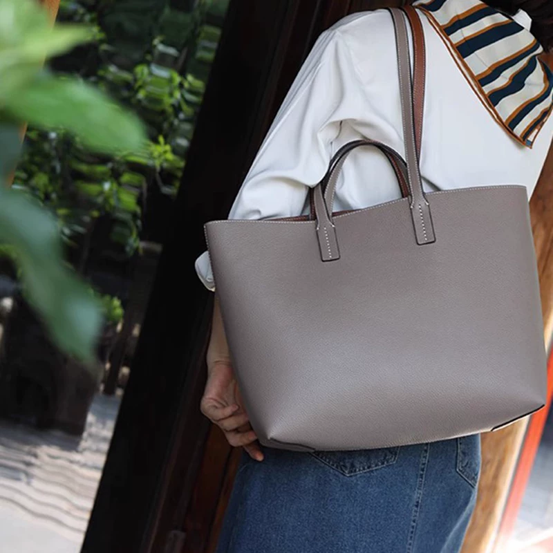 Double-sided leather capacious one-shoulder bag, shoulder bag, genuine leather
