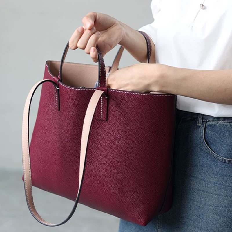 Double-sided leather capacious one-shoulder bag, shoulder bag, genuine leather
