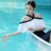 Áo tắm kích thước lớn bảo thủ nữ chia váy phong cách váy một từ vai spa Hàn Quốc là mỏng ngực nhỏ thu thập áo tắm 	đồ bơi nữ 2 mảnh	 Bộ đồ bơi hai mảnh