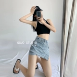 Джинсовая юбка, приталенные штаны, в американском стиле, высокая талия, с акцентом на бедрах