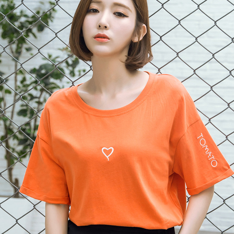 橙色上衣女韩版潮百搭原宿ins短袖2018新款夏宽松刺绣心形社会t恤