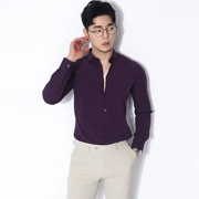 Áo phông mỏng màu tím đậm của Kawasawa 2019 phiên bản Hàn Quốc của người tu luyện tự giác trơn áo cổ áo chống nhăn tay áo dài tay - Áo