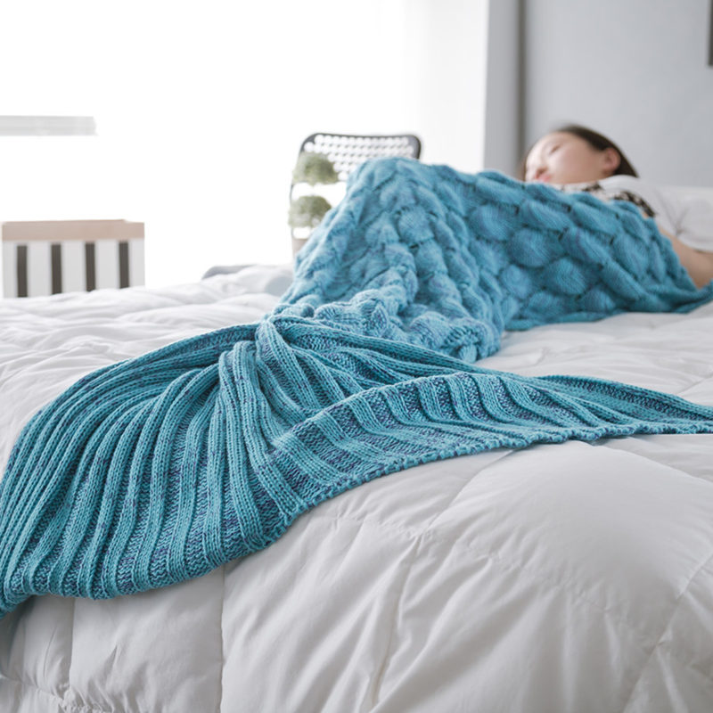 New Three Dimensional Fish Scale - Lake BlueIt's in my ear new pattern INS mermaid Tail hair blanket Fish tail Air conditioning blanket Sofa blanket knitting Leisure blanket Nap blanket