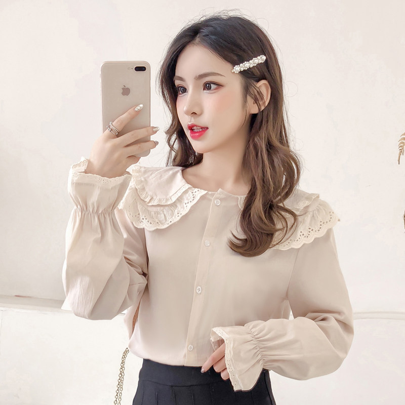 2019实拍新款韩版棉衬衫 双层荷叶边花边领小喇叭袖衬衣