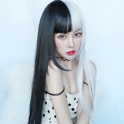 taobao agent Black white wig, straight hair, cosplay