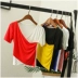 Mùa hè Slim V-cổ màu kết hợp thun thun tay ngắn mỏng nữ 54717 áo phông nữ cao cấp Áo phông