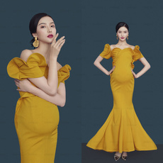 Платье для береемнных 影楼工作室孕妇妈咪拍照摄影网红新款黄色鱼尾齐地婚纱礼服主题