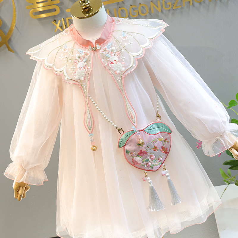 Girls' Princess Dress 2023 Spring and Autumn Improved Chinese Style Cloud Shoulder Hanfu Dress Veil Dress Sweet Children's Dress