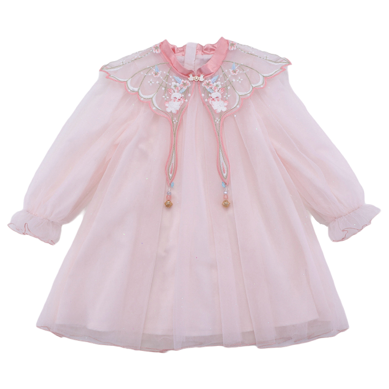 Girls' Princess Dress 2023 Spring and Autumn Improved Chinese Style Cloud Shoulder Hanfu Dress Veil Dress Sweet Children's Dress