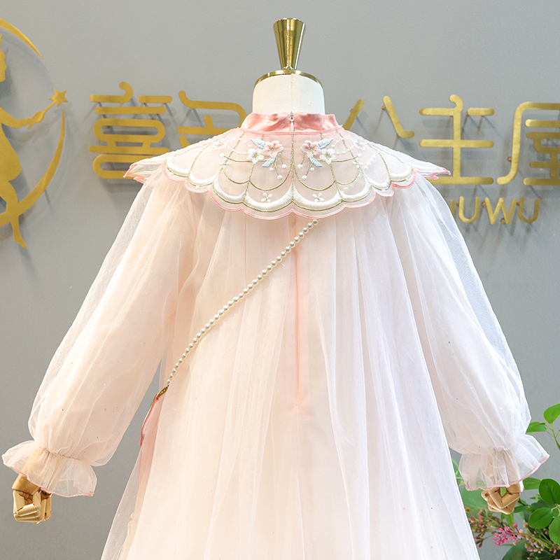 Girls' Princess Dress 2023 Spring and Autumn Improved Chinese Style Cloud Shoulder Hanfu Dress Veil Dress Sweet Children's Dress