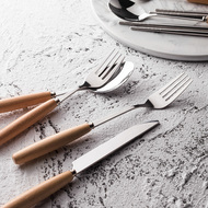 Odd tốt Nhật Bản hộ gia đình di động tay cầm bằng gỗ thép không gỉ bộ đồ ăn đũa muỗng ngã ba trái cây ngã ba bít tết dao