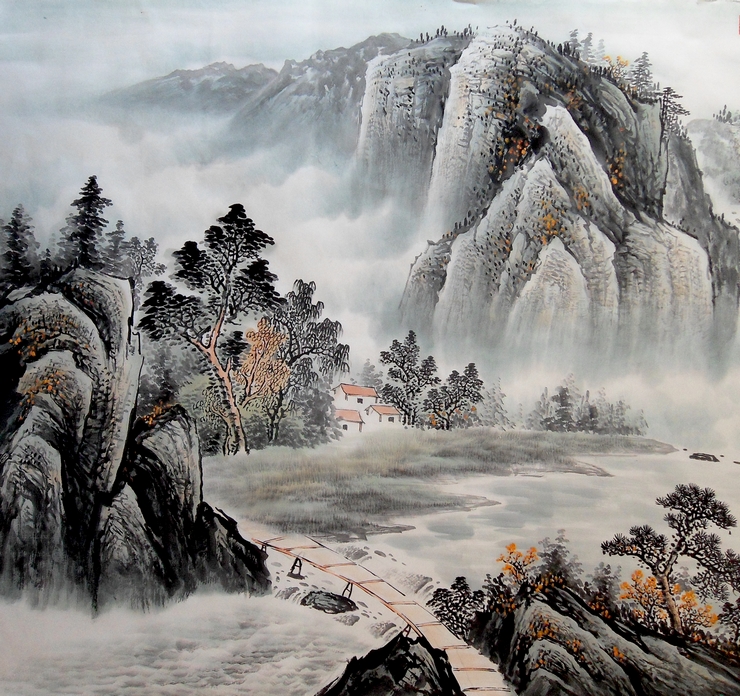 春江帆影 客厅风水画 办公室山水画 纯手绘水墨画 国画山水真迹图片