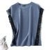 Thời trang đơn giản ren khâu vòng cổ với vai tay áo lụa lụa T-Shirt màu xanh áo sơ mi mỏng phụ nữ áo phông nữ cao cấp Áo phông