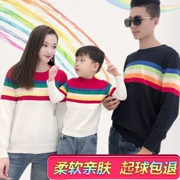2018 cha mẹ con mùa thu đông mẹ và con gái mẹ và con gái toàn gia đình áo len Hàn Quốc đan áo len sọc cầu vồng dày thời trang