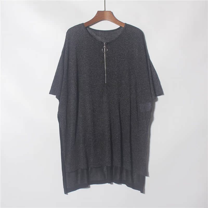 BlackWomen's wear summer Hemp Thin Collapsed shoulder Wide Edition Half open zipper Crew neck Condom Sweater 42861