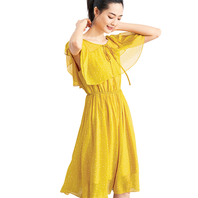 [2018] mới giá 149 nhân dân tệ mùa hè thanh lịch lá sen điểm sóng retro ngắn tay chiếc váy voan màu vàng Sản phẩm HOT
