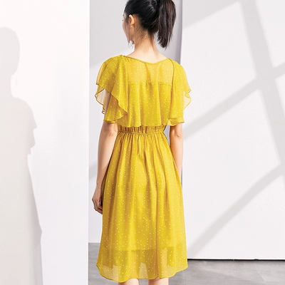 [2018] mới giá 149 nhân dân tệ mùa hè thanh lịch lá sen điểm sóng retro ngắn tay chiếc váy voan màu vàng váy đầm đẹp Sản phẩm HOT
