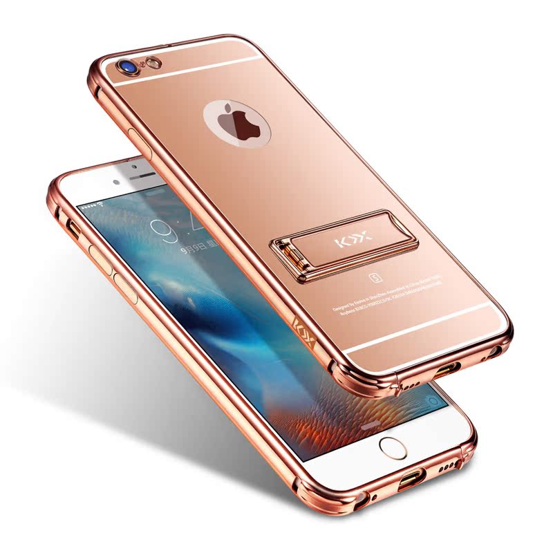 KXX Luxury Electroplate Stainless Steel Metal Bumper Acrylic Mirror Back Cover Case with Kickstand for Apple iPhone 6S Plus