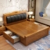 Trung Quốc phong cách giường gỗ rắn 1,8 m 1,5 giường đôi hiện đại tối giản lưu trữ gỗ sồi nền kinh tế mềm nhà máy trực tiếp - Giường