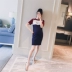 Thai sản mặc 2018 mùa hè mới màu sắc tương phản băng lụa đan đàn hồi mỏng mỏng phụ nữ mang thai dài ăn mặc Hàn Quốc đầm bầu thời trang Áo thai sản