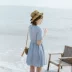 Thỏ buồn ngủ nhỏ tươi màu xám xanh ngọt Nhật Bản tuổi ngắn tay áo một từ cao eo ngắn váy nữ mùa hè