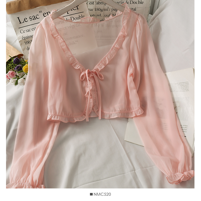 PinkWatch out have cash less than that is registered in the accounts bow Frenulum Auricularia auricula edge Shawl female 2021 summer wear easy Long sleeve Versatile Sunscreen shirt