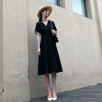 Черное шифоновое летнее платье, приталенный корсет, длинная юбка, V-образный вырез