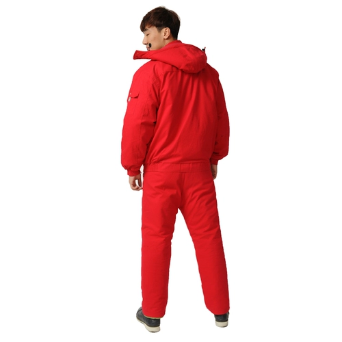 Красный цветной пуховик, комплект, защищающие от холода штаны, зимняя шапка для работы