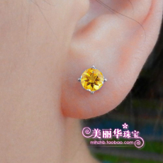 Серьги 旺财运旺夫石天然黄水晶耳钉925纯银女小巧宝石圆形耳环饰品女生