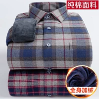 Áo cotton mùa đông cộng với áo nhung dày ấm áp cho nam tay dài trung niên giản dị cotton kẻ sọc lưới bố áo sơ mi trang nam cao cấp