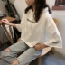 Mùa thu năm 2018 mới áo len nữ ngắn Hàn Quốc phiên bản của áo sơ mi lỏng lẻo in thư ulzzang năm điểm tay áo trùm đầu áo khoác có mũ Áo len