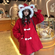 Mùa thu và mùa đông Học viện Hàn Quốc gió Giáng sinh ngọt ngào sinh viên lông cổ áo tai thỏ lông cổ áo len bông ấm áp áo khoác giản dị