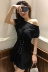Retro Hàn Quốc phiên bản của chic từ cổ áo một cách cẩn thận thiết kế máy ý thức của thời trang hoang dã slim tie slim dress ngắn tay áo váy xòe xếp ly eo	 Váy eo cao