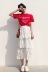 Mùa hè Hàn Quốc ngắn- tay áo t- shirt + pleated đàn hồi cao eo lớp bánh váy dài váy bộ