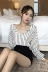2018 nữ mùa thu mới thời trang Hàn Quốc sọc thời trang lỏng lẻo halter áo sơ mi dài tay áo mỏng hoang dã V-Cổ áo sơ mi Áo sơ mi dài tay